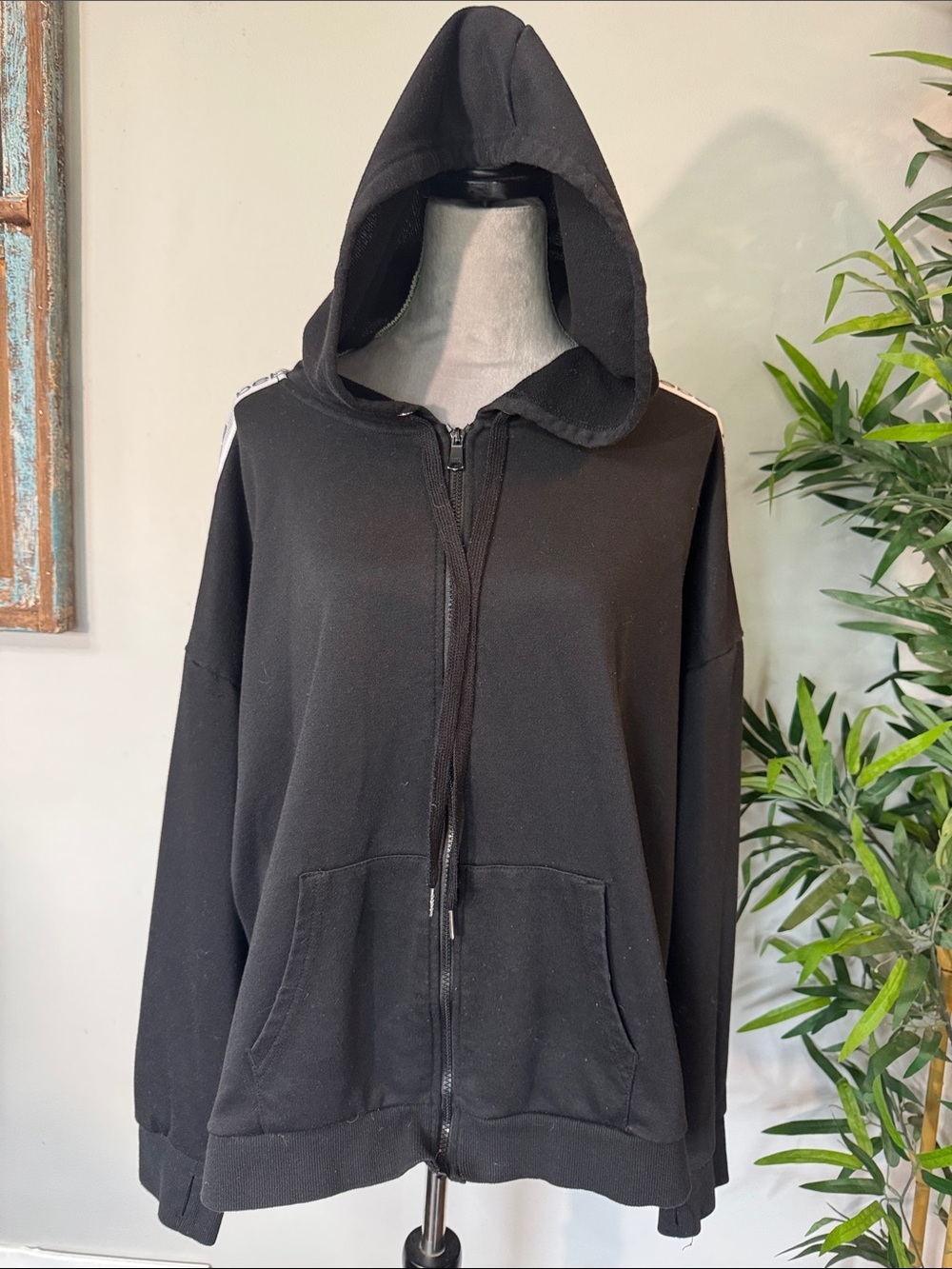 bebe Black Zip Hoodie with White Shoulder Tape